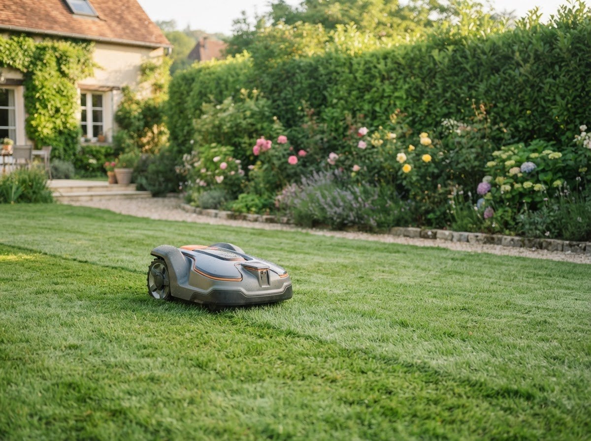 Robot tondeuse sans fil sur une pelouse au lever du jour