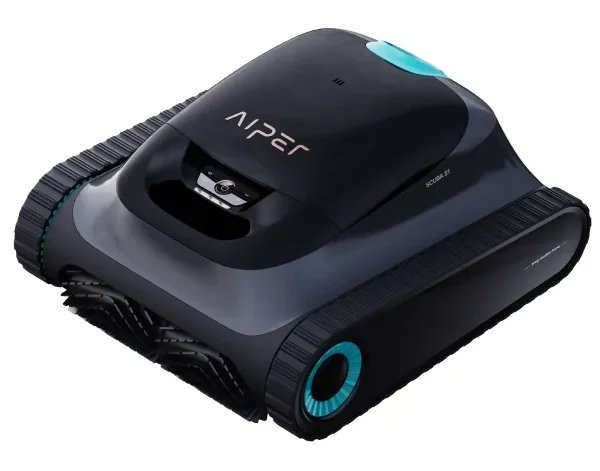 Robot piscine Aiper Scuba S1 coloris bleu nuit, vue de trois quarts montrant les chenilles et le couvercle turquoise