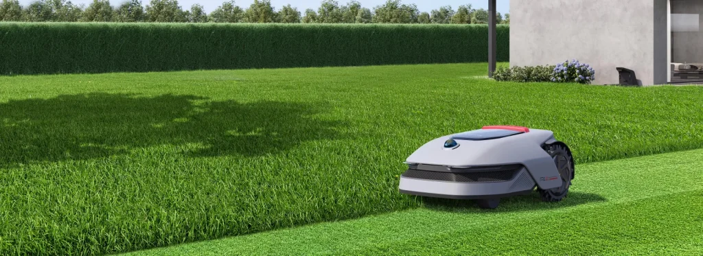 Robot tondeuse Dreame A1 Pro longeant la limite entre herbe tondue et herbe haute le long d'une haie