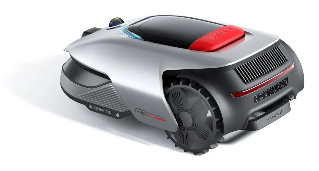 Vue arrière de trois quarts du robot tondeuse Dreame A2 montrant ses roues tout-terrain