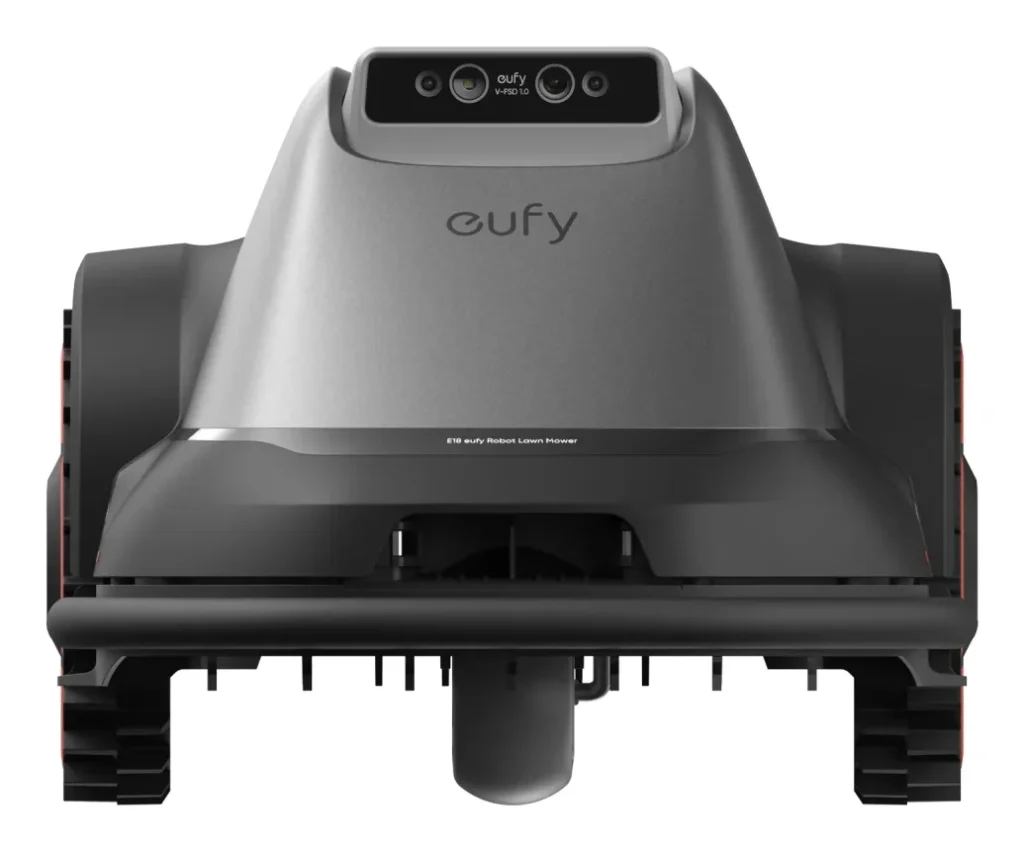 Face avant du robot tondeuse eufy E18 avec son module de cameras stereo V-FSD pour la navigation par vision