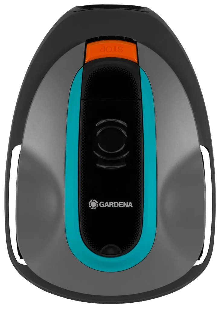 Vue de dessus du robot tondeuse Gardena SILENO city 250 montrant son capot gris et son bouton stop orange