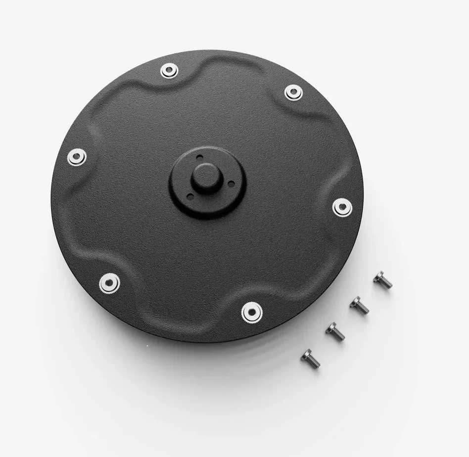 Disque de coupe du Mammotion Luba Mini avec ses lames pivotantes et ses vis de fixation, vu de dessus