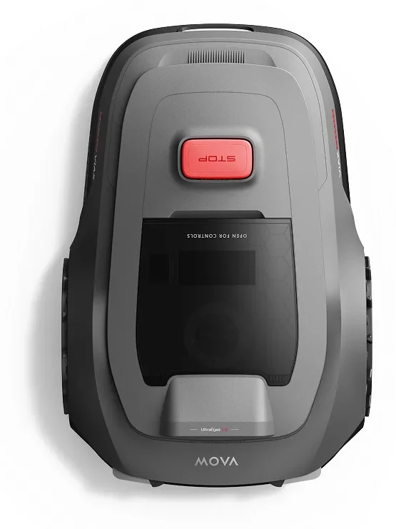 Robot tondeuse Mova ViAX 250 vu de dessus, avec bouton stop rouge et module caméra UltraEyes