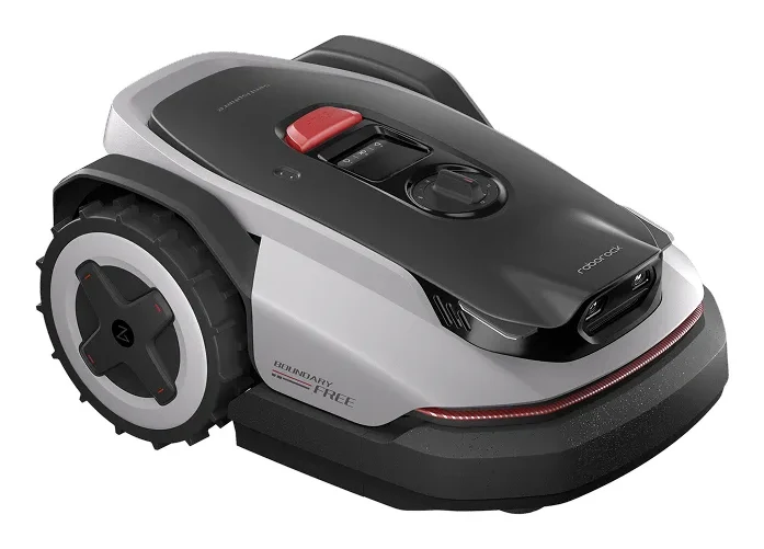 Robot tondeuse Roborock RockNeo Q105 vu de trois quarts, avec bouton stop rouge et sélecteur sur le capot