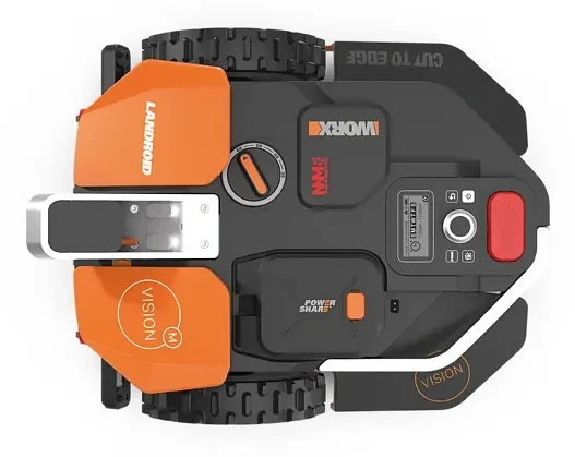 Vue de dessus du robot tondeuse Worx Landroid Vision M600, capots orange et poignée de transport