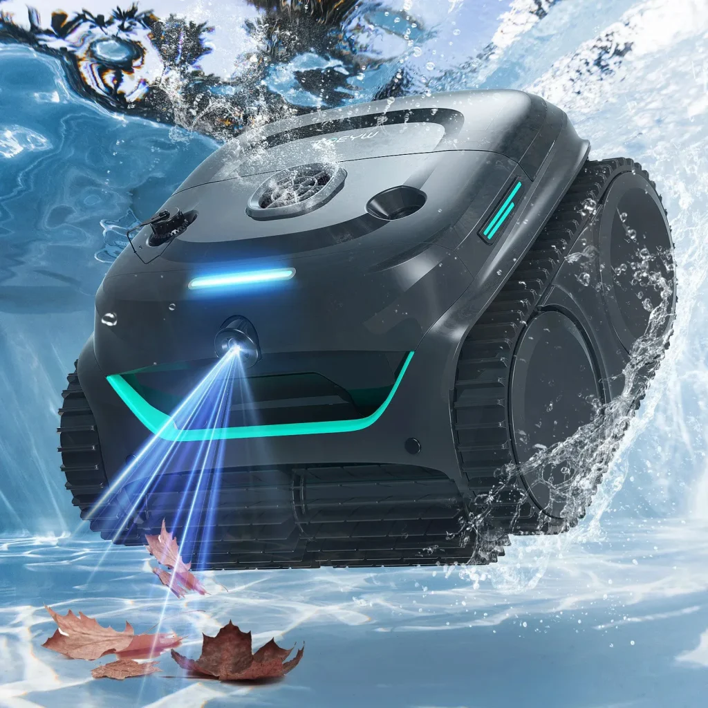 Robot piscine Wybot C2 Vision incliné sous l'eau, caméra et chenilles en action